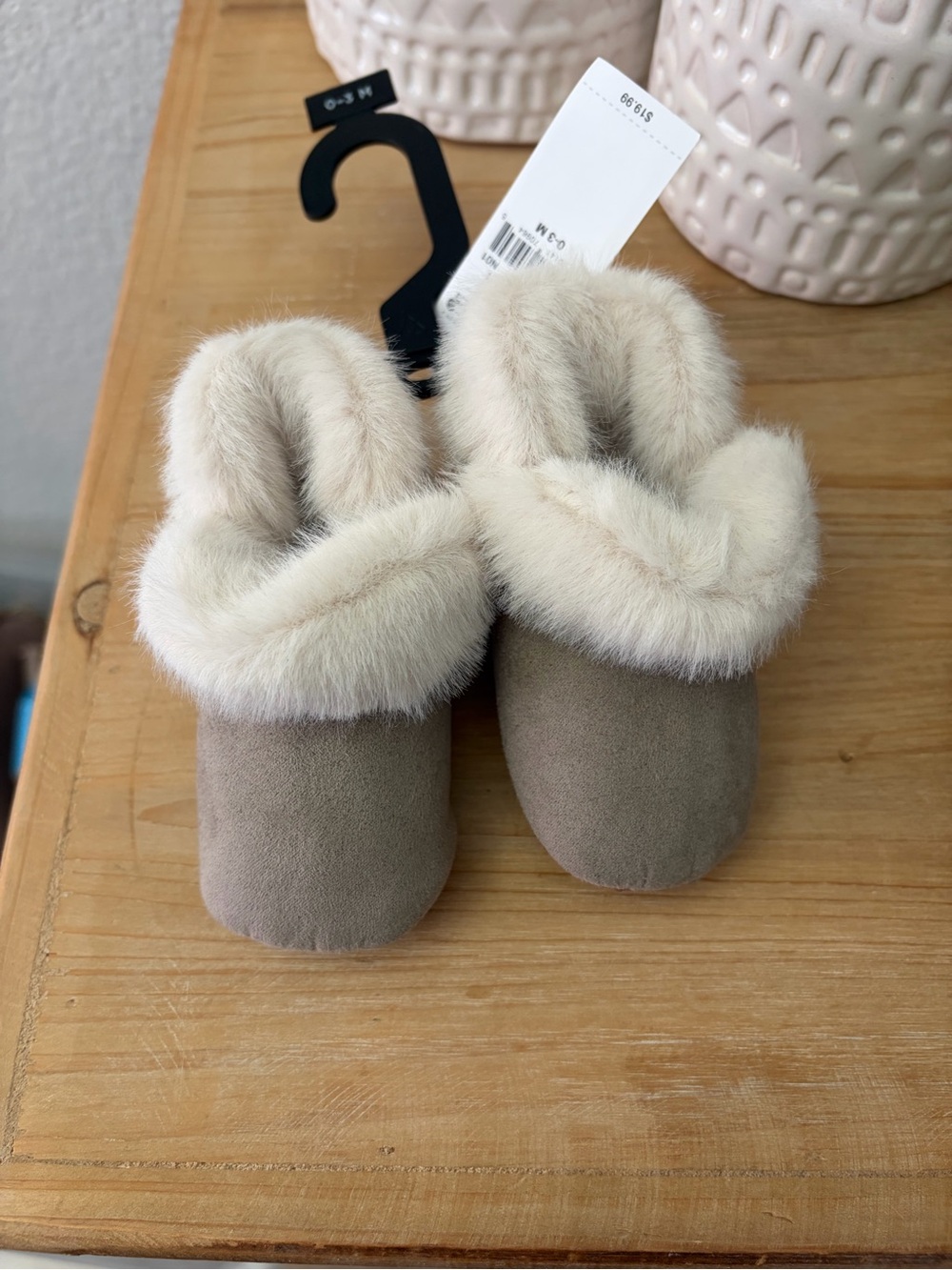 Baby Cozy Faux-Fur Lined Booties - Cream Trim, Taupe Upper - Size 0-3 months